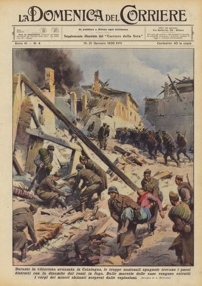 Durante la vittoriosa avanzata in Catalogna, le truppe nazionali spagnole trovano i paesi da Achille Beltrame
