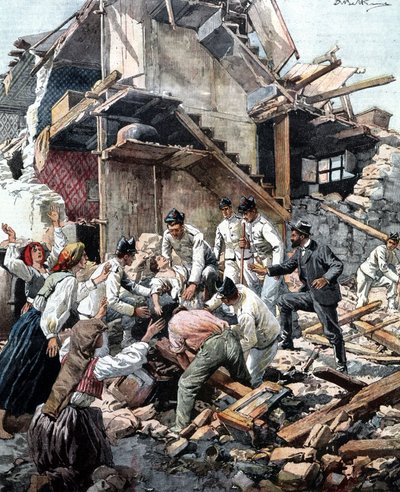 Terremoto a Reggio (Calabria) il 28/12/1908. I soldati cercano tra le macerie le vittime del terremoto. Illustrazione di Beltrame da Achille Beltrame