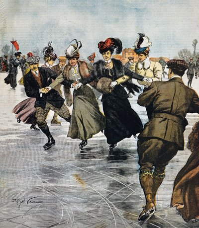Passatempi in voga, pattinaggio su ghiaccio, illustrazione di Achille Beltrame da La Domenica del Corriere da Achille Beltrame