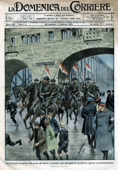 Presenza inglese in Germania: truppe militari su un ponte del Reno a Colonia. Illustrazione di Beltrame. La Domenica del Corriere. 01/1919 da Achille Beltrame