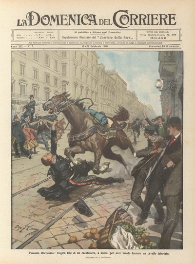 Eroismo sfortunato, tragica fine di un carabiniere, a Roma, per aver voluto fermare un cavallo infuriato da Achille Beltrame