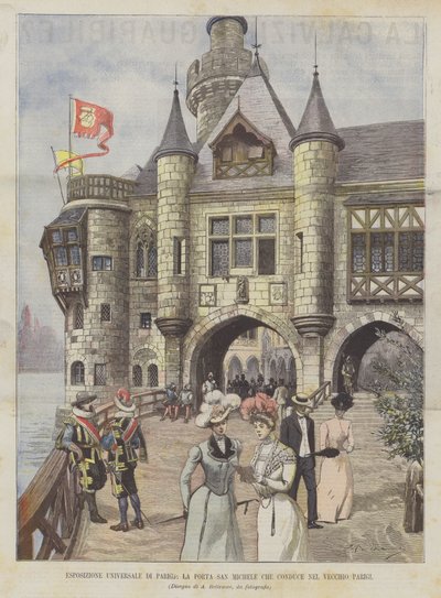 Esposizione universale di Parigi, la Porta San Michele che conduce nel vecchio Parigi da Achille Beltrame