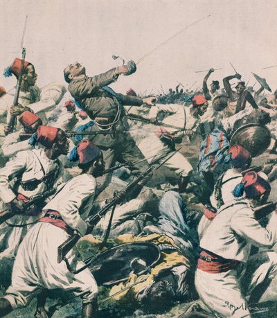 Attacco etiope alla guarnigione di Lugh e uccisione del Capitano Bongiovanni, di Achille Beltrame, illustrazione, Achille Beltrame (1871-1945), da La Domenica del Corriere da Achille Beltrame
