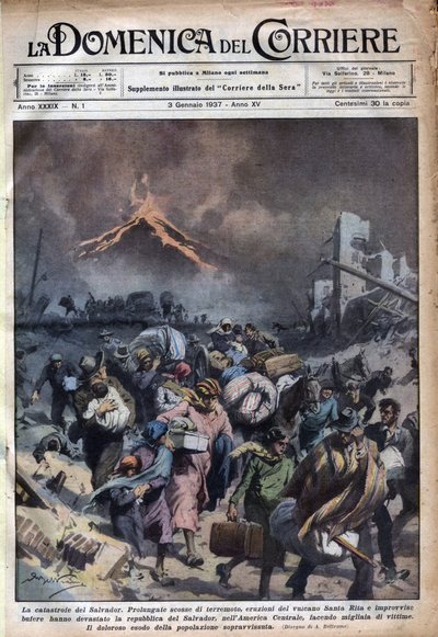 Esodo della popolazione di El Salvador dopo il terremoto e le eruzioni del vulcano Santa Rita. Illustrazione di Achille Beltrame in 
