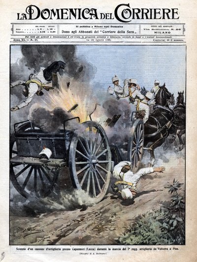 Esplosione di una cassa di artiglieria vicino a Capannori (Lucca) durante il trasferimento del 7° reggimento di artiglieria da Volterra a Pisa. Illustrazione di Beltrame. "La Domenica del Corriere". 15-23/08/1909 da Achille Beltrame