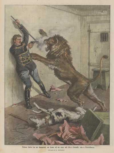 Feroce lotta fra un domatore, un leone ed un cane nel circo Ciniselli, ora a Pietroburgo da Achille Beltrame