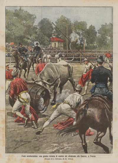 Feste caratteristiche, una giostra romana di vaccine nel velodromo alle Cascine, a Firenze da Achille Beltrame