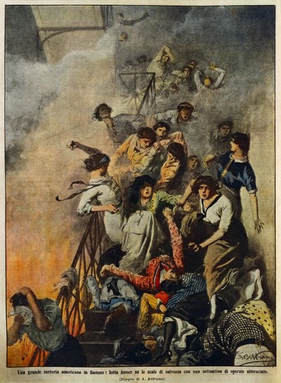 Incendio in una grande fabbrica tessile americana: lavoratori sulla scala, illustrazione di Achille Beltrame, da La Domenica del Corriere, 10 agosto da Achille Beltrame