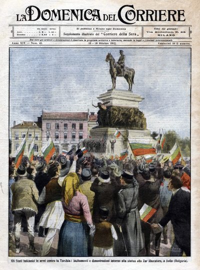 Prima guerra balcanica: manifestazioni davanti alla statua dello Zar a Sofia, Bulgaria - Illustrazione di Beltrame in La Domenica del Corriere - ottobre 1912 da Achille Beltrame