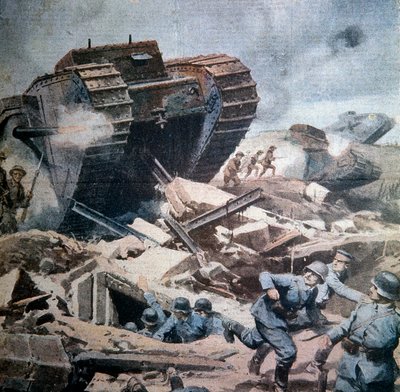 Prima Guerra Mondiale (1914-1918): "Assalti dei carri armati inglesi in Piccardia" Illustrazione di Achille Beltrame da La Domenica del Corriere 1916 da Achille Beltrame