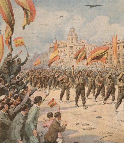 La Spagna di Franco entra a Madrid con le sue bandiere della vittoria, Achille Beltrame da La Domenica del Corriere, 2 aprile da Achille Beltrame