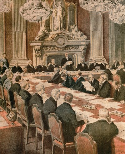 Il presidente francese Georges Clemenceau parla alla Conferenza di pace di Parigi, di Achille Beltrame, illustrazione, da La Domenica del Corriere da Achille Beltrame