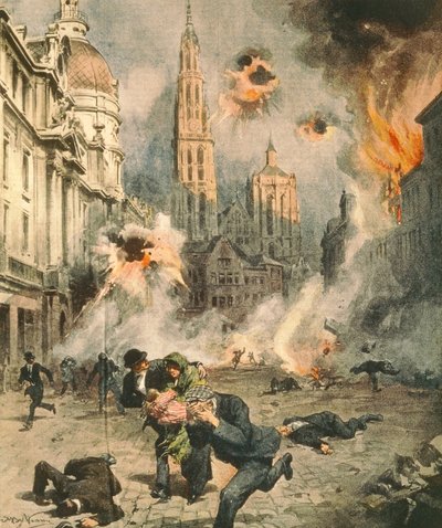 I tedeschi bombardano e occupano Anversa, illustrazione di Achille Beltrame da La Domenica del Corriere da Achille Beltrame