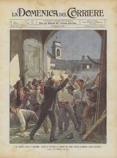 Gli scioperi agrari in Lombardia, assalto di contadini al castello dei duchi Visconti di Modrone, presso Gallarate da Achille Beltrame