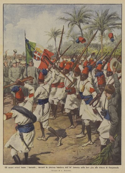 Gli ascari eritrei fanno festa davanti la gloriosa bandiera dell