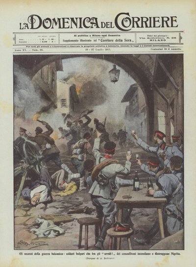 Gli eccessi della guerra balcanica, soldati bulgari che fra gli urrah! dei commilitoni incendiano da Achille Beltrame