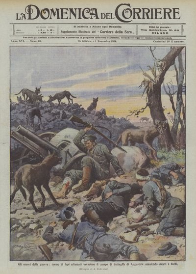 Orrori della guerra, torme di lupi affamati invadono il campo di battaglia di Augustow assalendo morti e feriti da Achille Beltrame