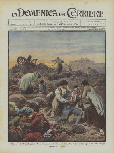 Gli orrori e i dolori della guerra, donne montenegrine che vanno a cercare i loro cari sul campo da Achille Beltrame