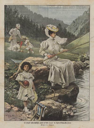 Gli svaghi della famiglia reale in Valle Gesso, la regina Elena alla pesca da Achille Beltrame