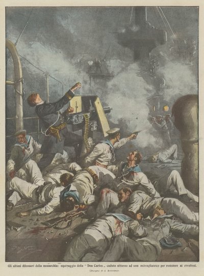 Gli ultimi difensori della monarchia, equipaggio della Don Carlos caduto attorno da Achille Beltrame