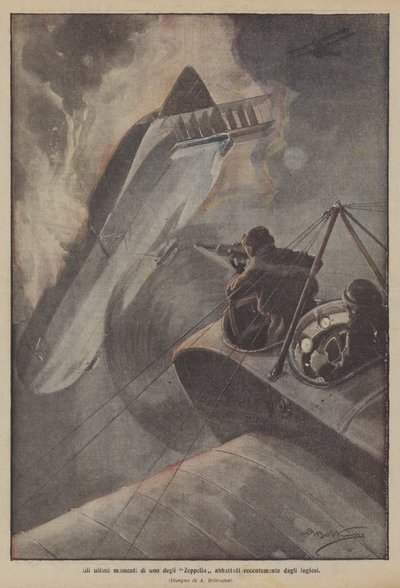 Gli ultimi momenti di uno degli Zeppelin abbattuti recentemente dagli inglesi da Achille Beltrame