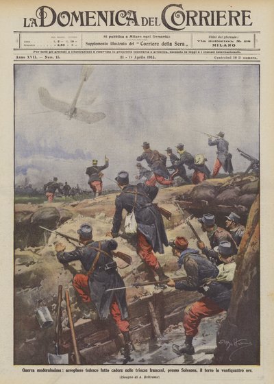 Guerra modernissima, aeroplano tedesco fatto cadere nelle trincee francesi, presso Soissons da Achille Beltrame