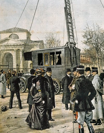 Guglielmo Marconi assiste a Milano alla prova della prima Stazione Radio Mobile. Illustrazione di Achille Beltrame per 