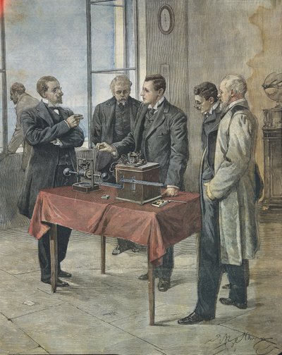 Guglielmo Marconi testa la telegrafia senza fili attraverso il Canale della Manica. Illustrazione di Achille Beltrame sul giornale italiano 