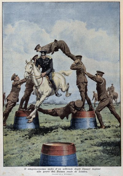 Salto a cavallo: Ussari inglesi alle prove del torneo di Londra - disegno di A. Beltrame, in 