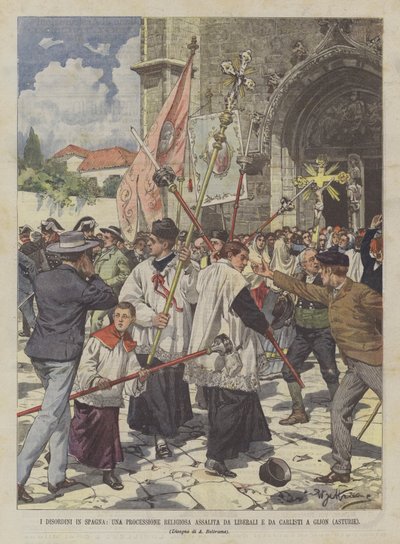 I disordini in Spagna, una processione religiosa assalita da liberali e da carlisti a Gijon (Asturie) da Achille Beltrame