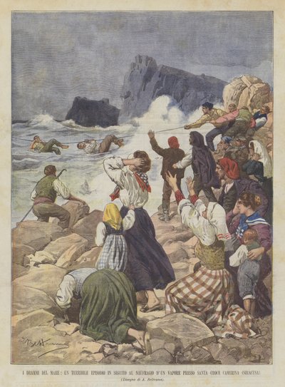 I drammi del mare, un terribile episodio in seguito al naufragio di un vapore presso Santa Croce Camerina (Siracusa) da Achille Beltrame