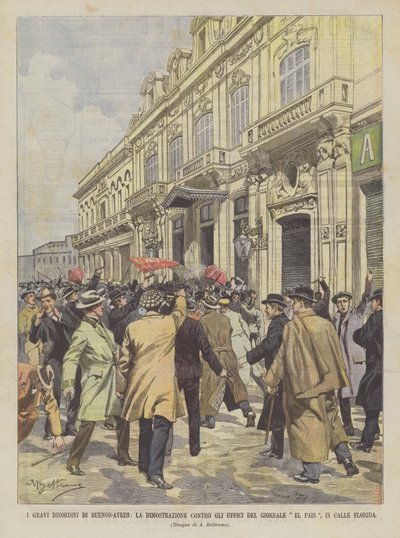 I gravi disordini di Buenos Aires, la dimostrazione contro gli uffici del giornale El Pais, in Calle Florida da Achille Beltrame
