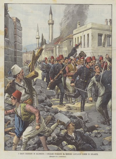 I gravi disordini di Salonicco, i Bulgari spargono il terrore lanciando bombe di dinamite da Achille Beltrame