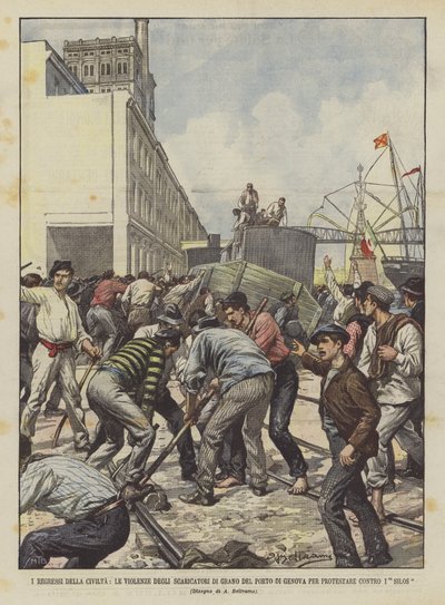 I regressi della civiltà, le violenze degli scaricatori di grano del porto di Genova per protestare contro i silos da Achille Beltrame