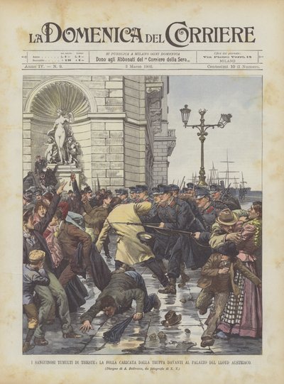 I sanguinosi tumulti di Trieste, la folla caricata dalla truppa davanti al palazzo del Lloyd Austriaco da Achille Beltrame