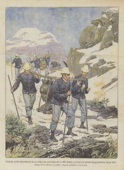 I soldati alpini trasportano sulla punta del Rocciamelone (a 3537 metri) la statua in bronzo della ? da Achille Beltrame