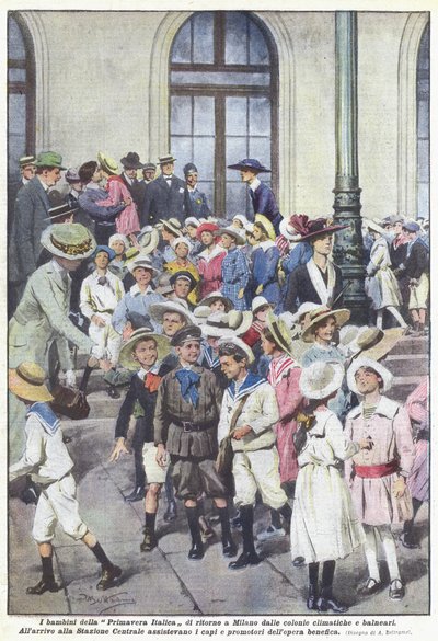 I bambini della Primavera Italica di ritorno a Milano dalle colonie climatiche e balneari da Achille Beltrame