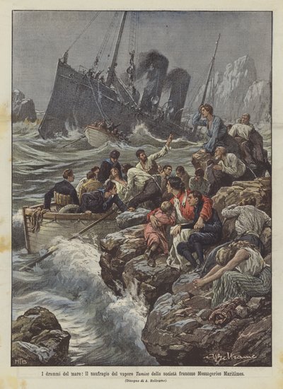 I drammi del mare, il naufragio del vapore Tamise della società francese Messageries Maritimes da Achille Beltrame