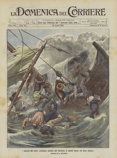 I drammi del mare, naufragio causato dal monsone di operai italiani nel mare Indiano da Achille Beltrame