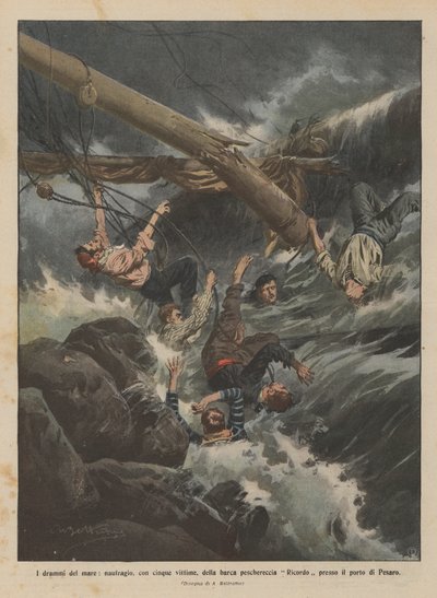 I drammi del mare, naufragio, con cinque vittime, della barca peschereccia Ricordo presso il porto di Pesaro da Achille Beltrame