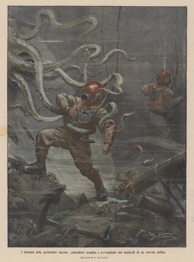I drammi delle profondità marine, palombaro assalito e avvinghiato dai tentacoli di un enorme polipo da Achille Beltrame