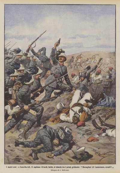 I nostri eroi, a Kars-Bu-Adi, il capitano Civardi, ferito, si slancia tra i primi, gridando da Achille Beltrame