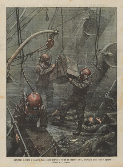 I palombari lavorano al recupero degli oggetti che erano a bordo del vapore Sirio naufragato sulle coste di Spagna da Achille Beltrame