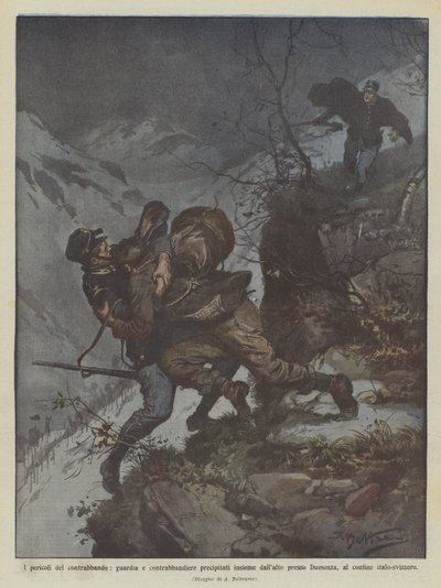 Pericoli del contrabbando, guardia e contrabbandiere precipitati insieme da Achille Beltrame