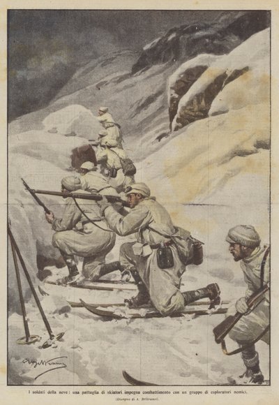 I soldati della neve, una pattuglia di sciatori impegna combattimento con un gruppo di esploratori nemici da Achille Beltrame