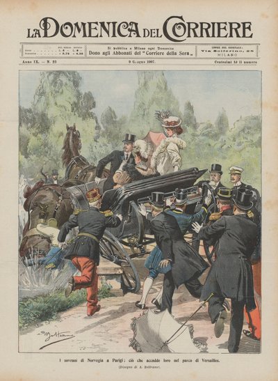 I sovrani di Norvegia a Parigi, ciò che accadde loro nel parco di Versailles da Achille Beltrame