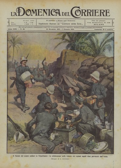 Il Natale dei nostri soldati in Tripolitania, la celebrazione nelle trincee coi copiosi sapidi da Achille Beltrame