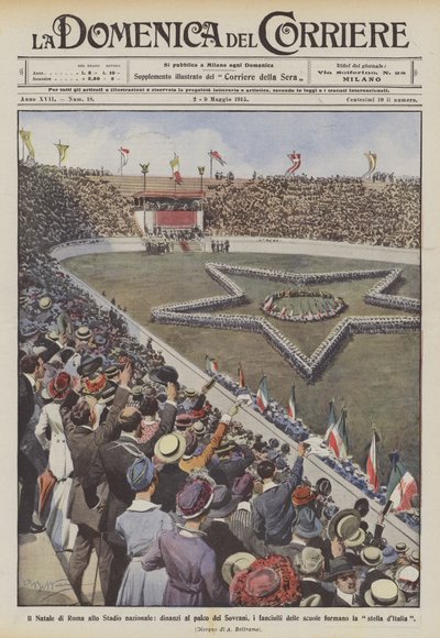 Il Natale di Roma allo Stadio nazionale, dinanzi al palco dei Sovrani, i fanciulli delle scuole da Achille Beltrame
