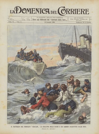 Il naufragio del piroscafo Ckallam, le scialuppe delle donne e dei bambini inghiottite dalle onde da Achille Beltrame