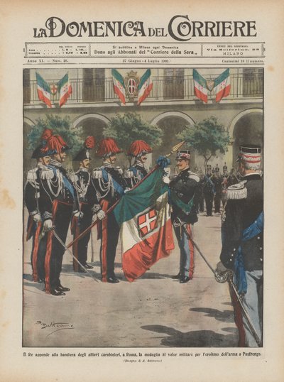 Il Re appende alla bandiera degli allievi carabinieri, a Roma, la medaglia al valor militare da Achille Beltrame
